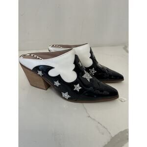 Betsey Johnson Women 9M Rhinestone Black Patent Cowgirl Mule Glam Western